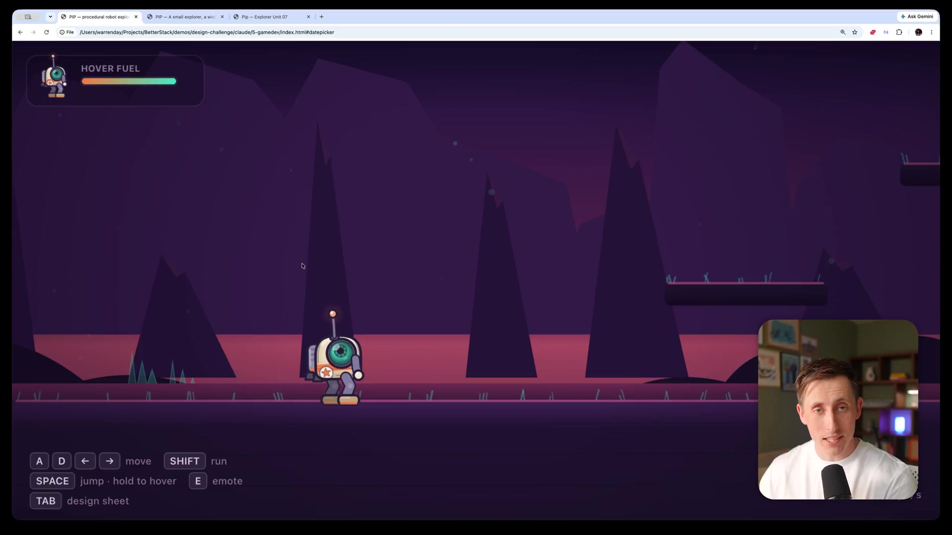 The playable 2D platformer game generated by Claude, showing the detailed robot character in a moody, atmospheric environment.