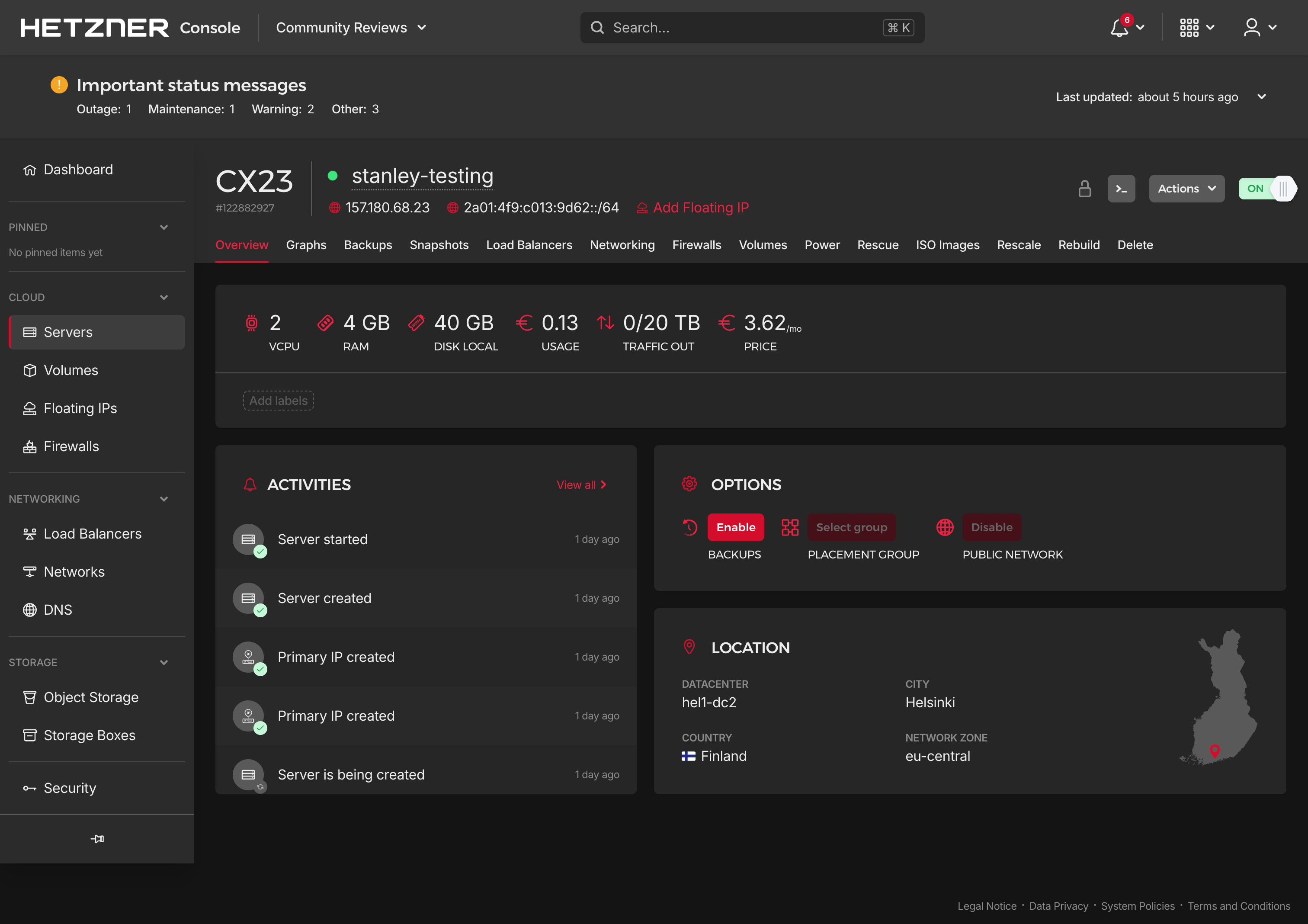 Screenshot: Hetzner Cloud Console server detail page