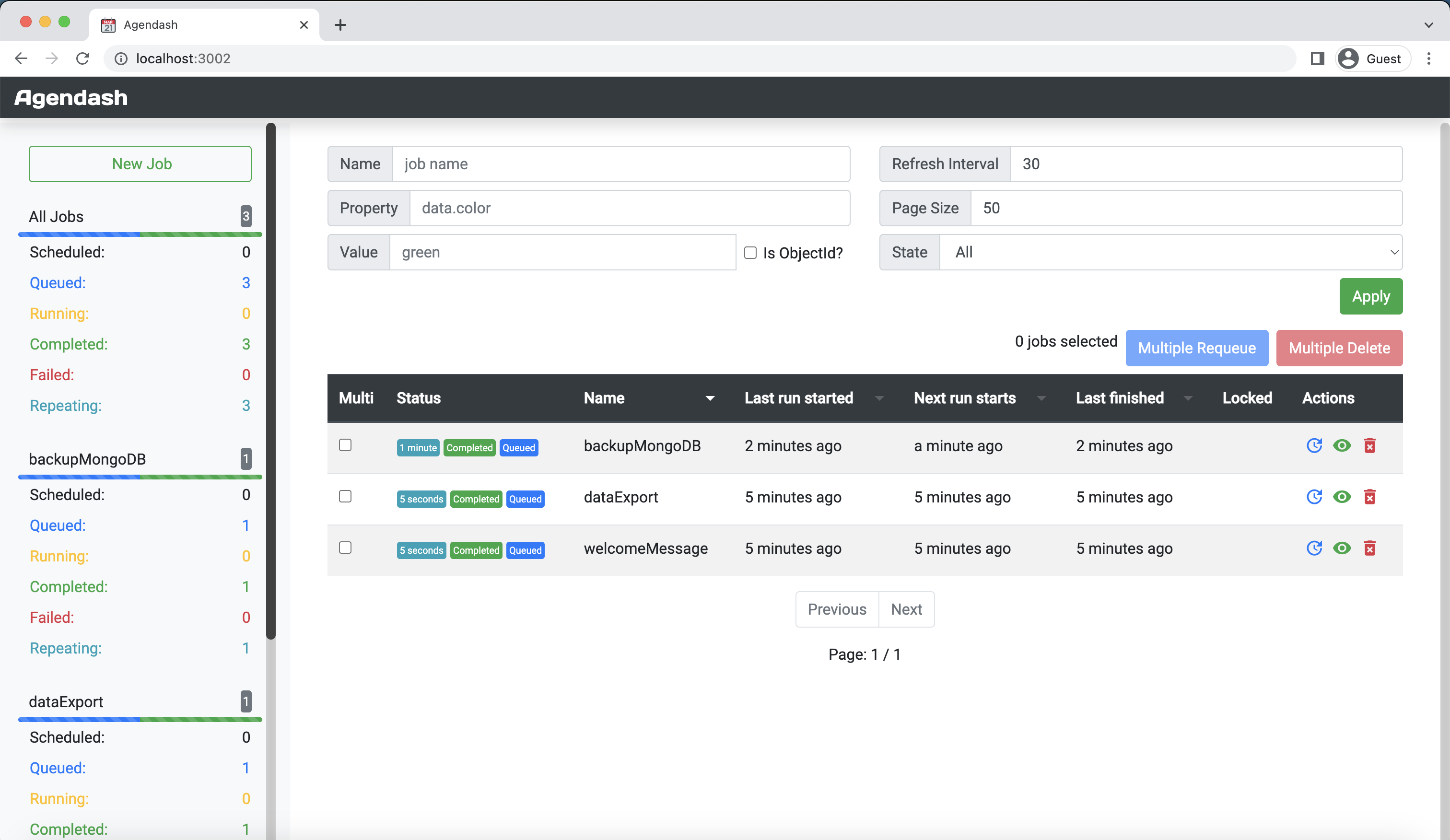 Screenshot of the Agenda dashboard