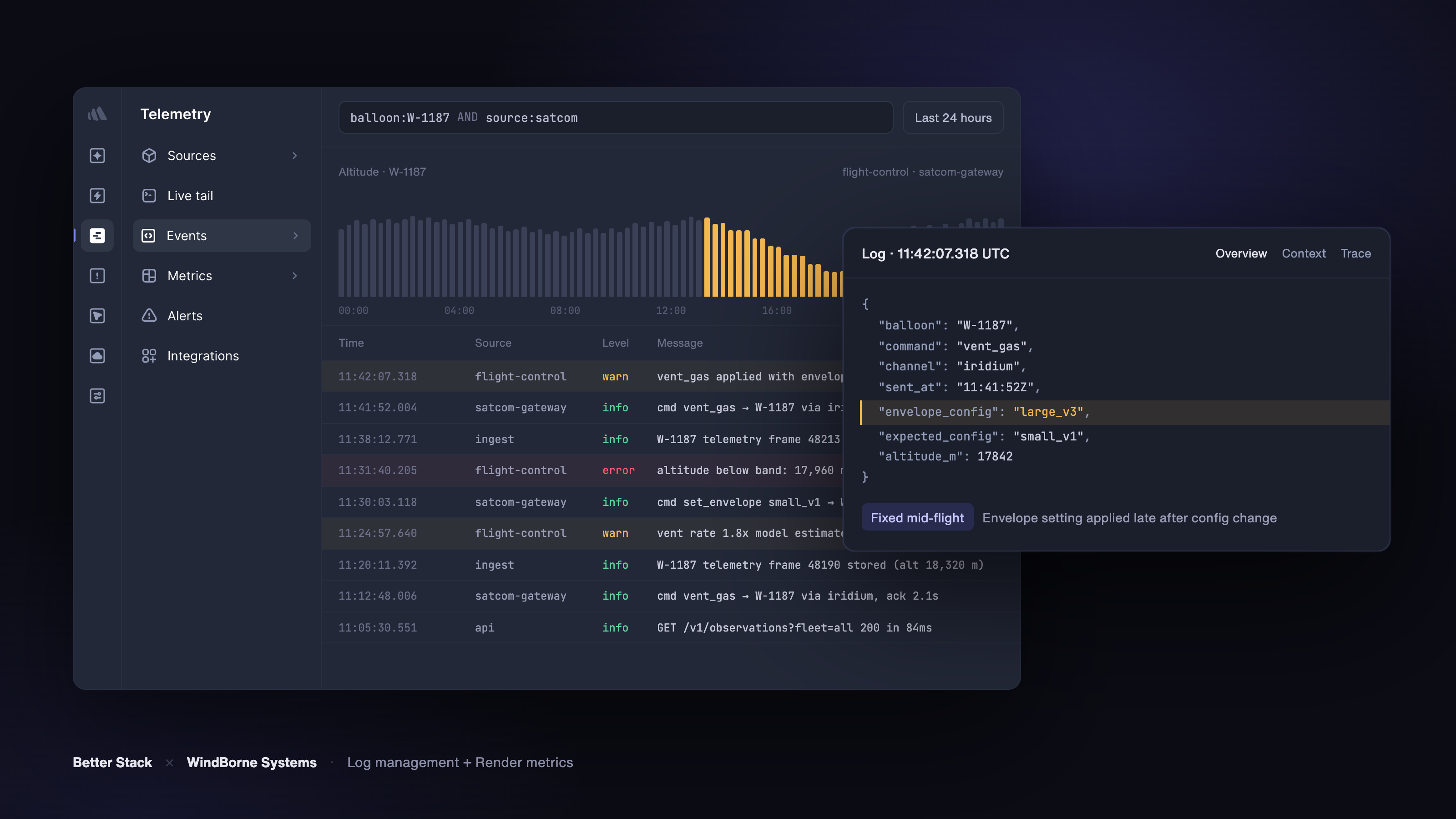 WindBorne tracing a balloon's envelope config in its satellite command logs in Better Stack