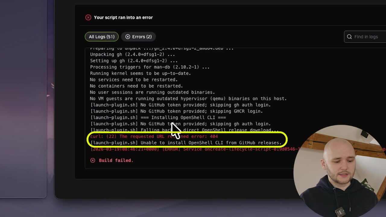 Terminal output showing the error "Unable to install OpenShell CLI from GitHub releases"