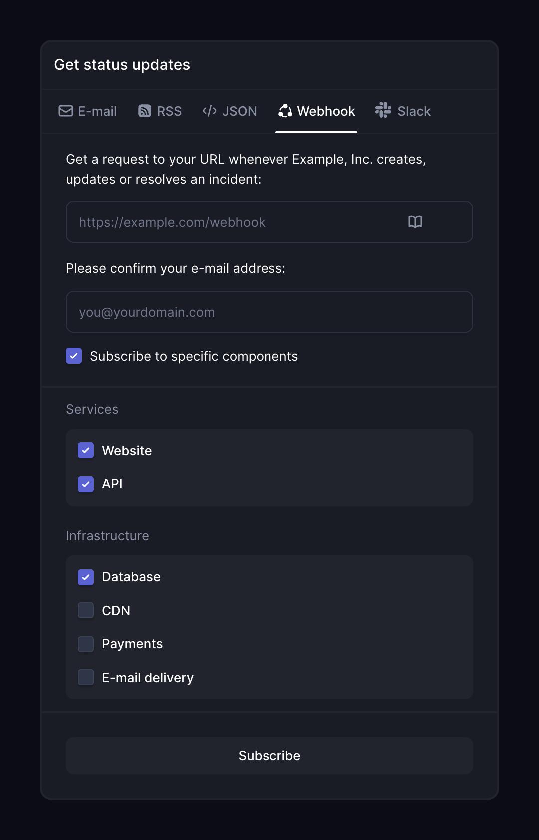 Webhook tab in the Get status updates dialog