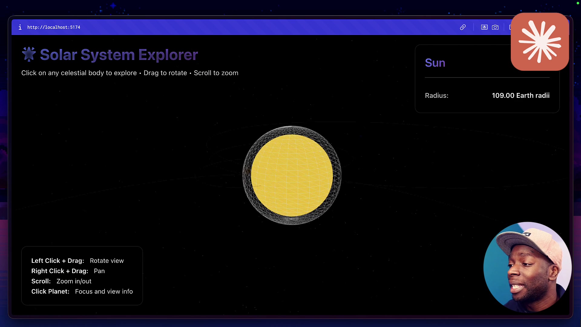 The stunning and interactive 3D solar system created by Claude Sonnet 4.5, showing the sun, orbiting planets, and an information sidebar.