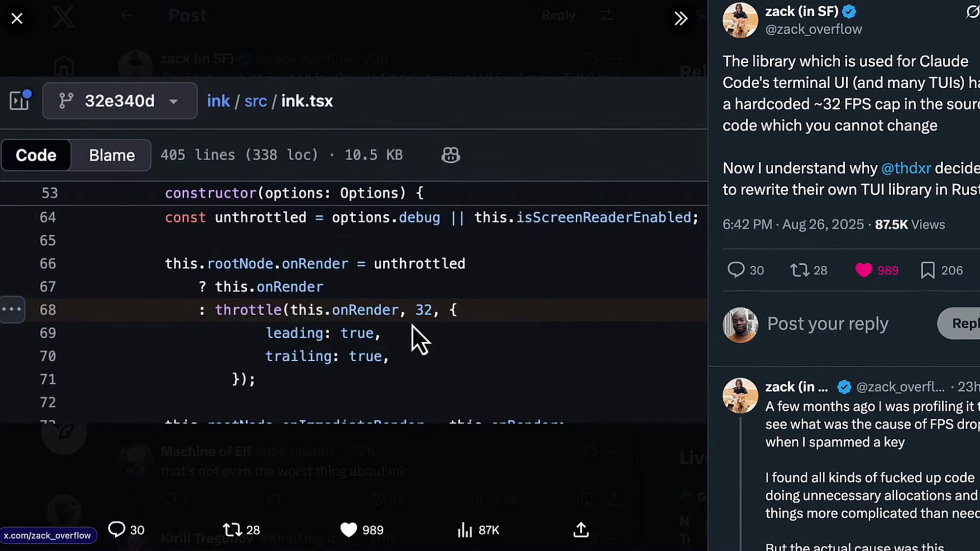 Screenshot of Ink's source code showing the throttle(this.onRender, 32) line which hardcodes the 32 FPS cap