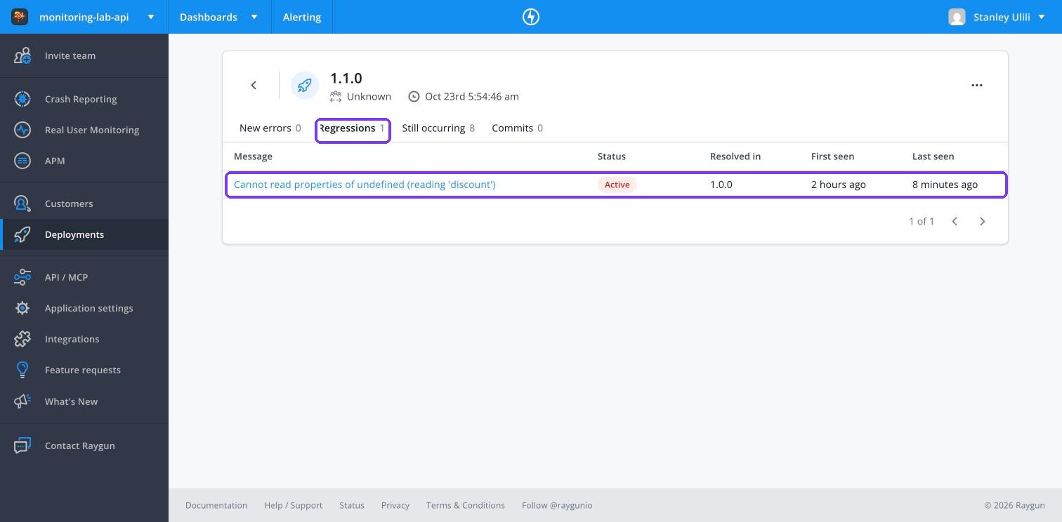 Raygun deployment 1.1.0 with one regression