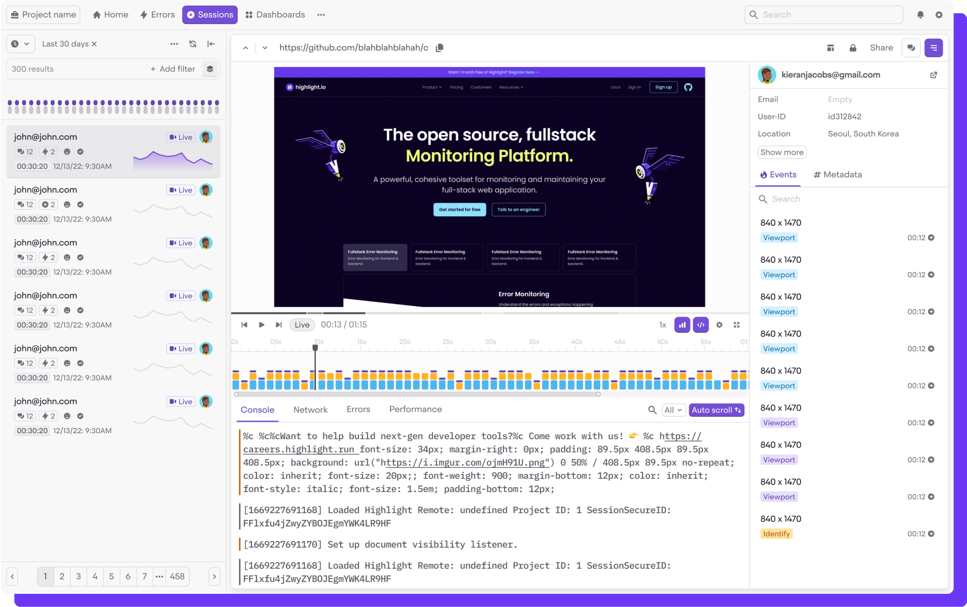 SCREENSHOT: Highlight.io session replay with network request panel showing a failed API call alongside the DOM replay