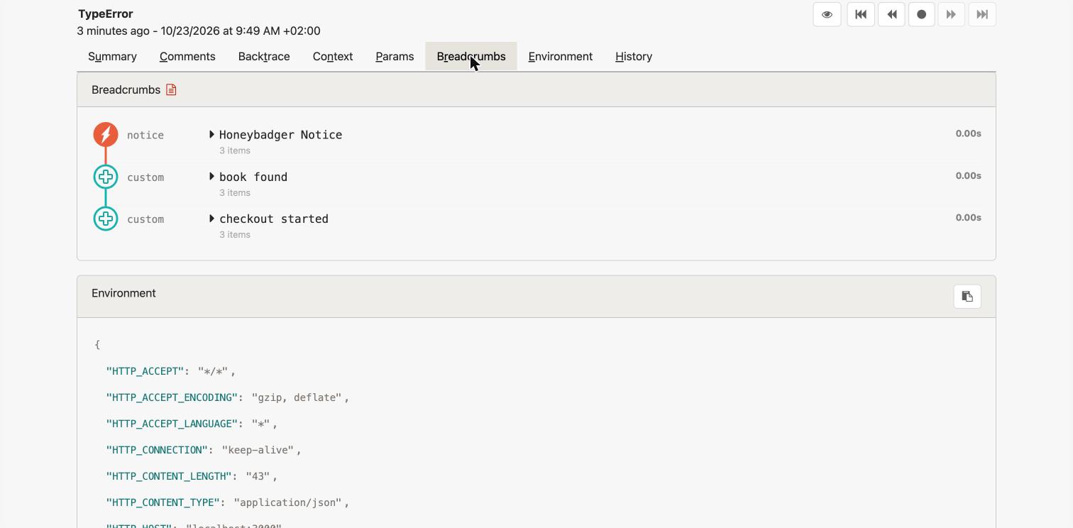 Honeybadger server breadcrumbs scoped to one checkout request