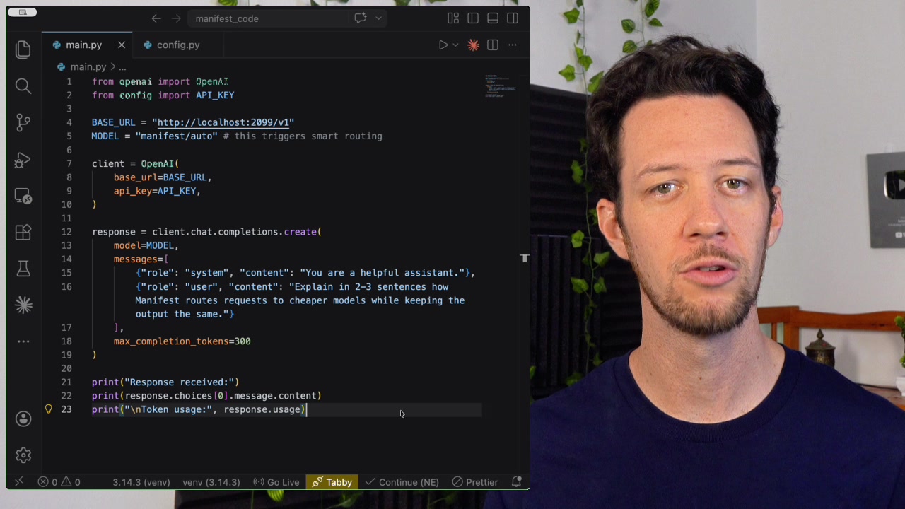Close-up of the Python code highlighting the BASE_URL and model="manifest/auto" lines which are the key changes for integration