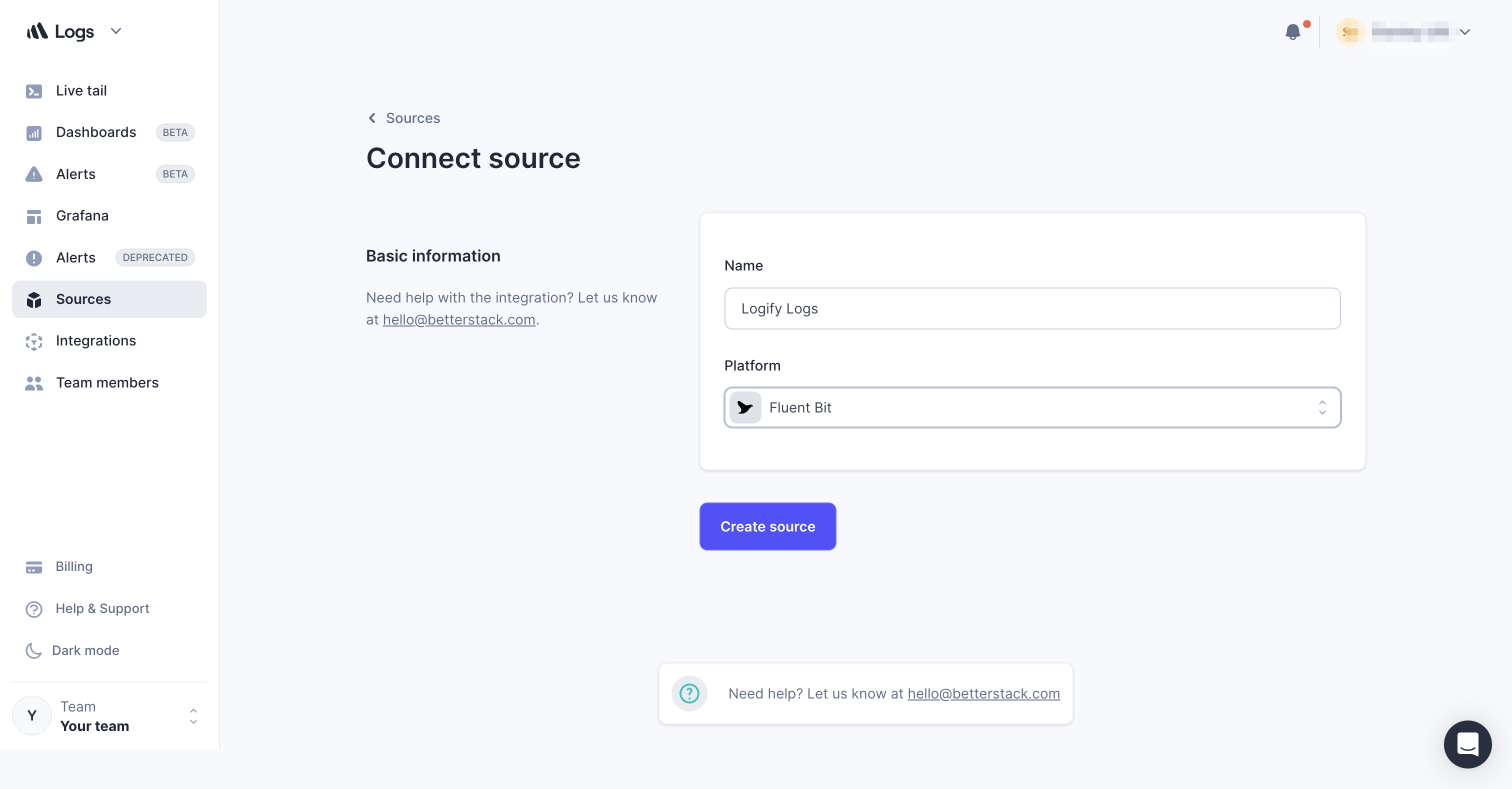 Screenshot showing the name field filled as "Logify logs" and the Platform set to "Fluent-bit"