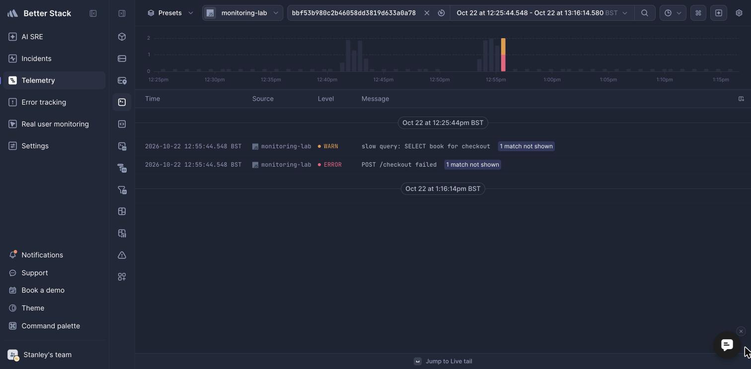 Better Stack logs for one request, filtered by trace ID