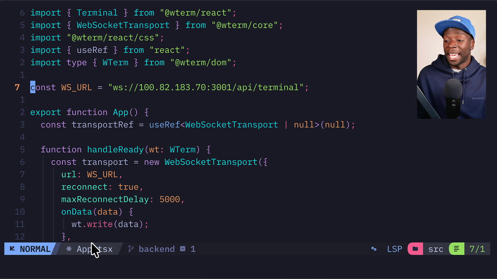 Final App.tsx file showing the WebSocket connection logic