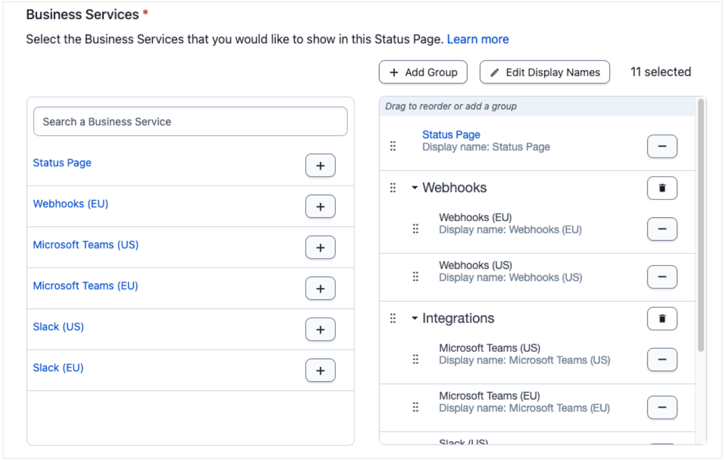 Screenshot of PagerDuty status pages