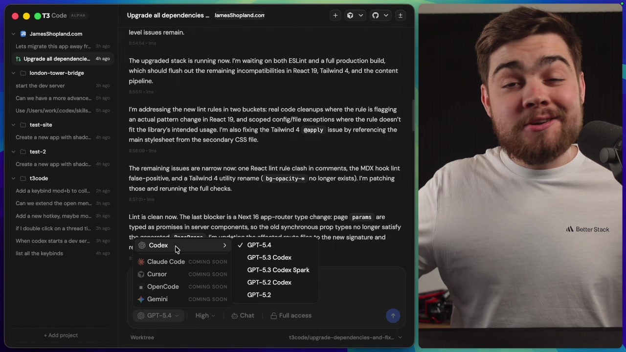 T3 Code model selector showing options for Codex, Claude Code, Cursor, OpenCode, and Gemini