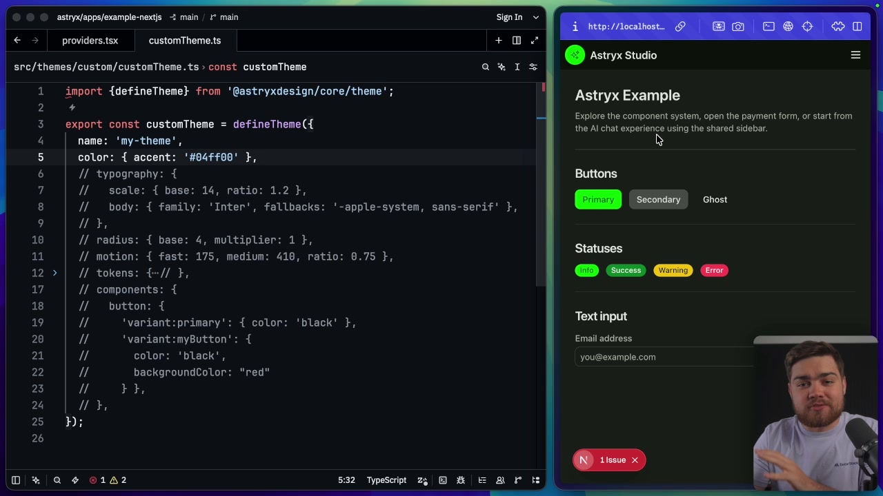 The application UI dynamically updates to a new green-based theme after the accent color is saved in the code.