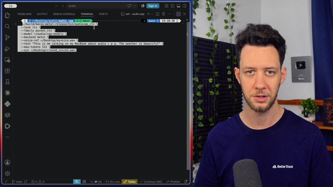 The full command-line instruction used in the terminal to execute the voice cloning task.