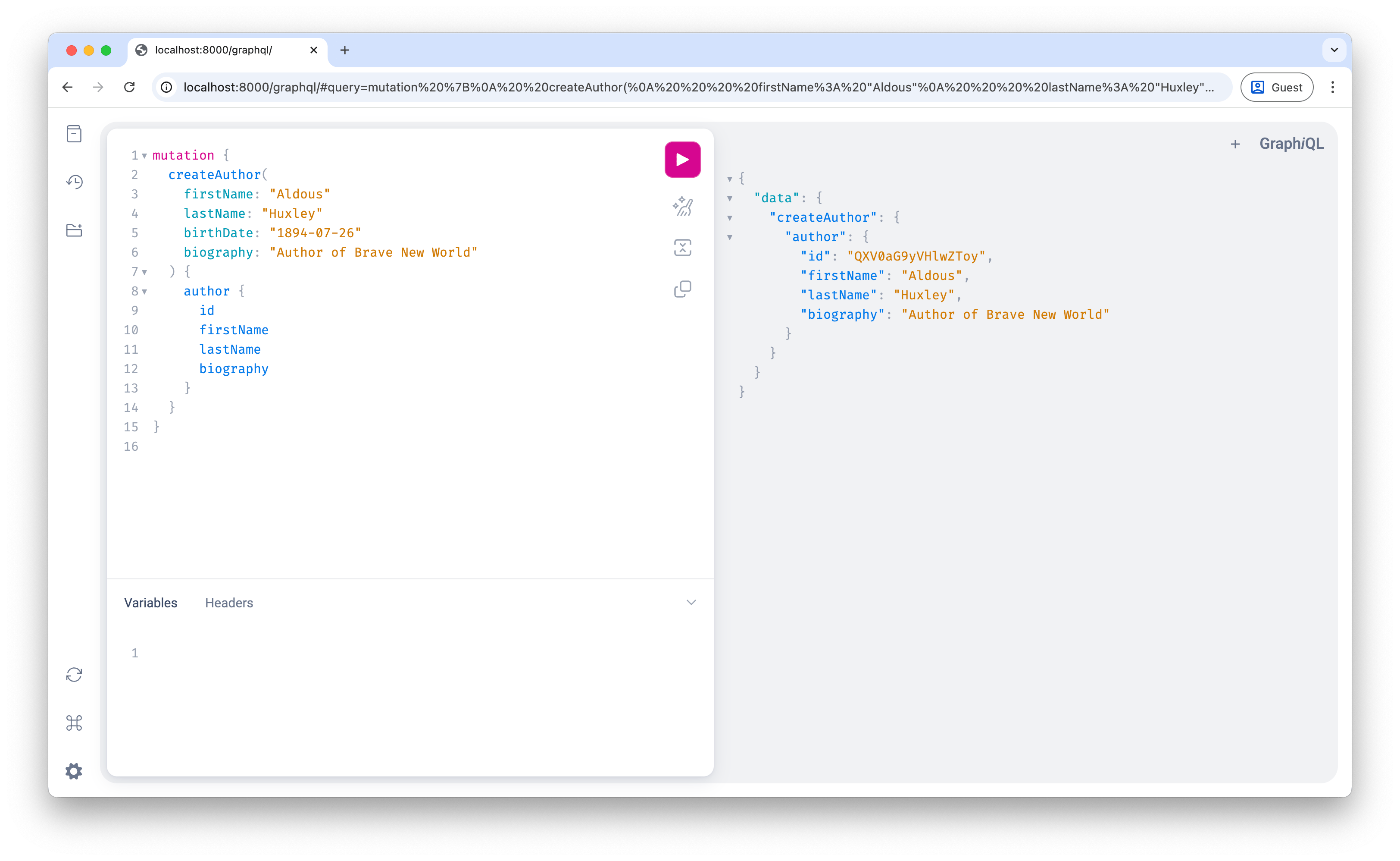 Screenshot showing the create author mutation results in GraphiQL