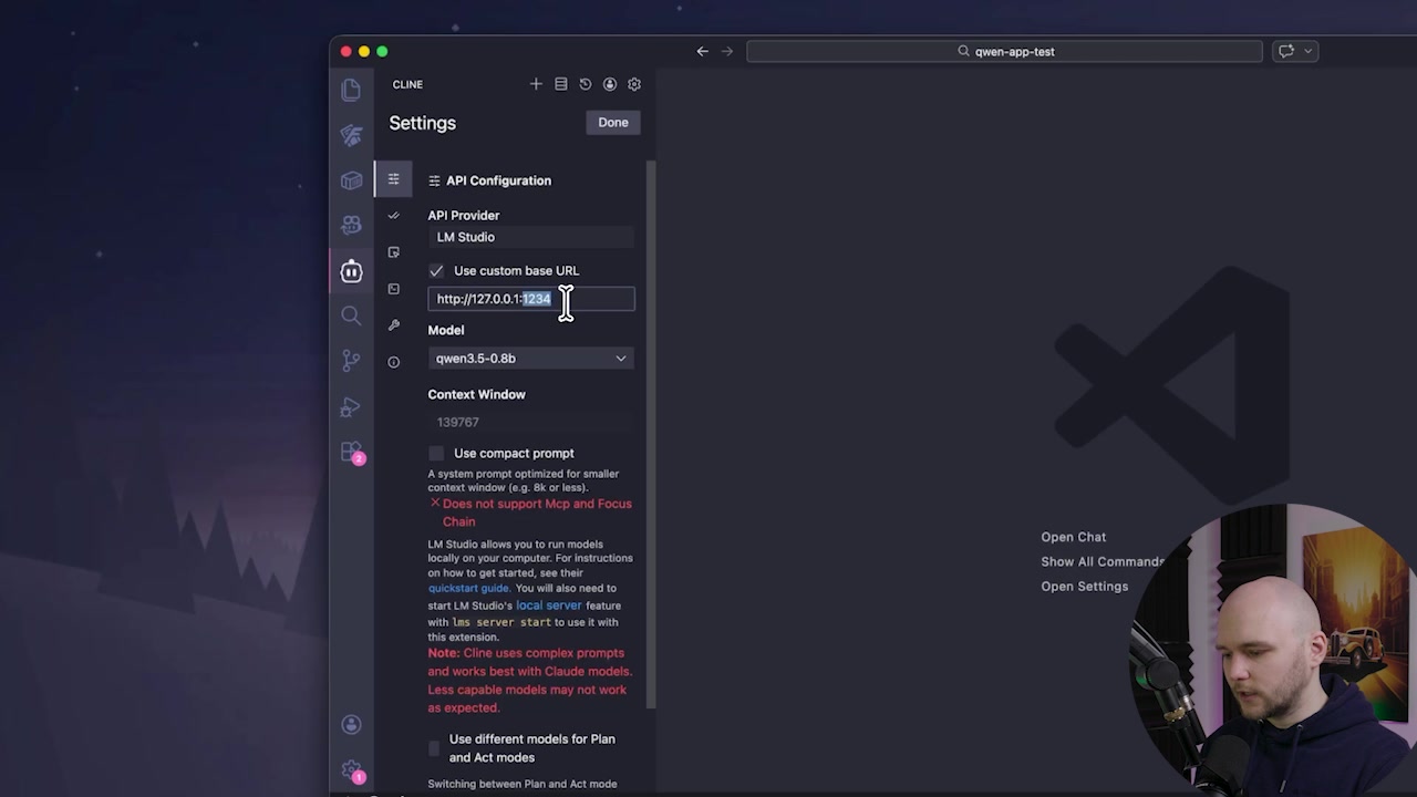 Cline settings panel in VS Code showing the API Provider set to LM Studio and the custom base URL field configured