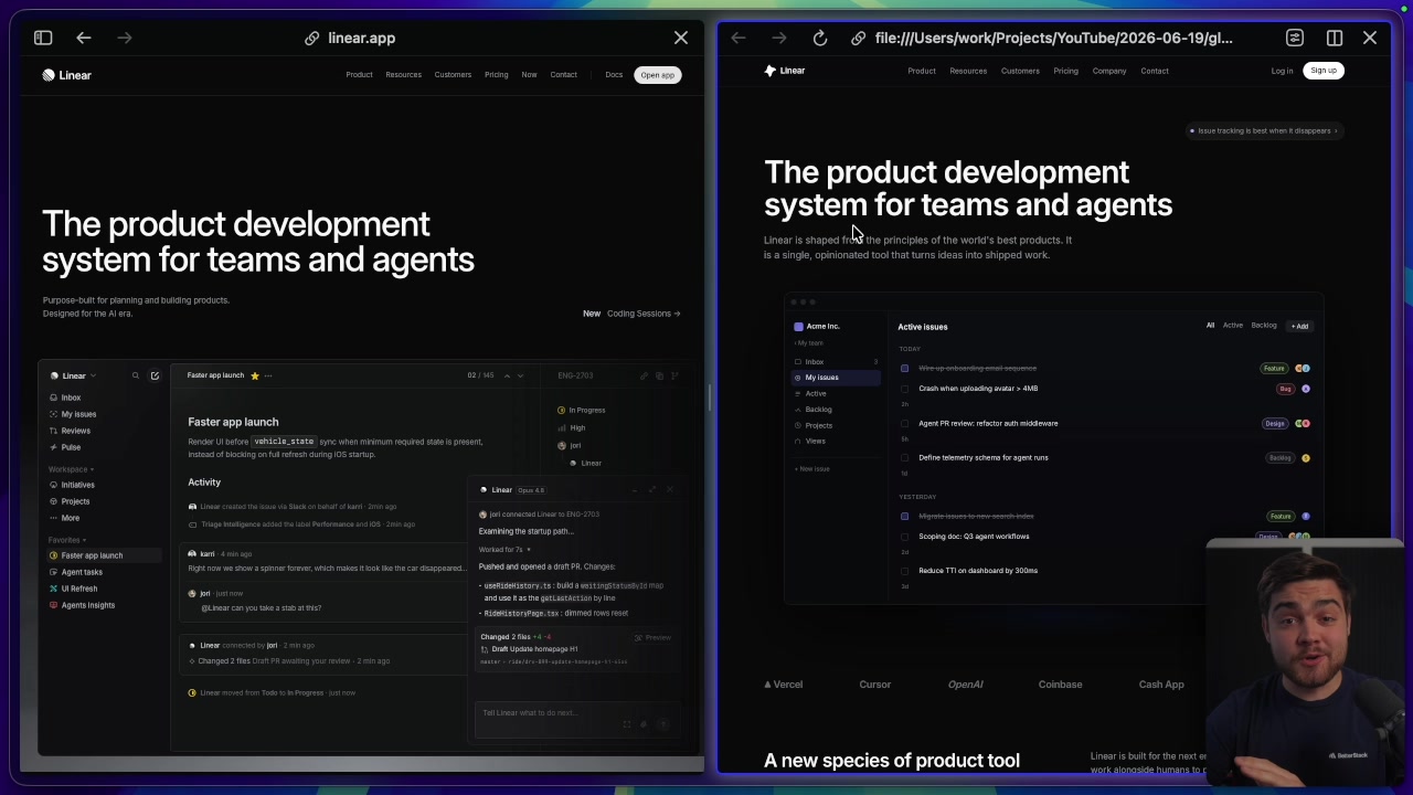 A side-by-side view showing the original Linear.app website on the left and the highly accurate recreation generated by GLM-5.2 on the right.