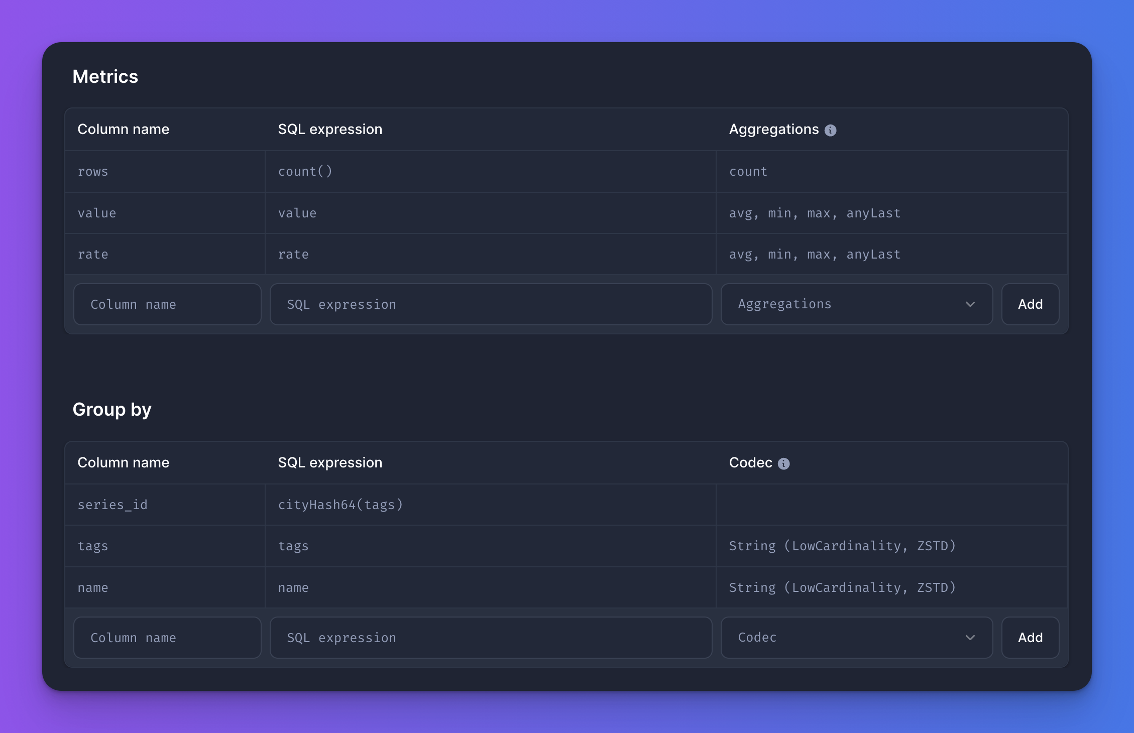 Screenshot of Logs to metrics tables