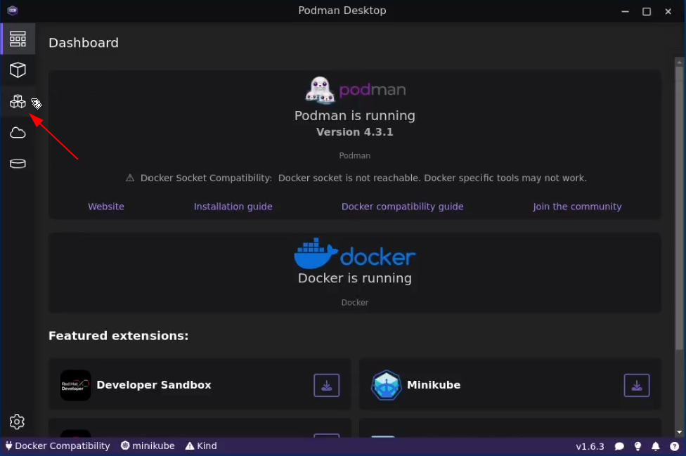 Podman Desktop main page