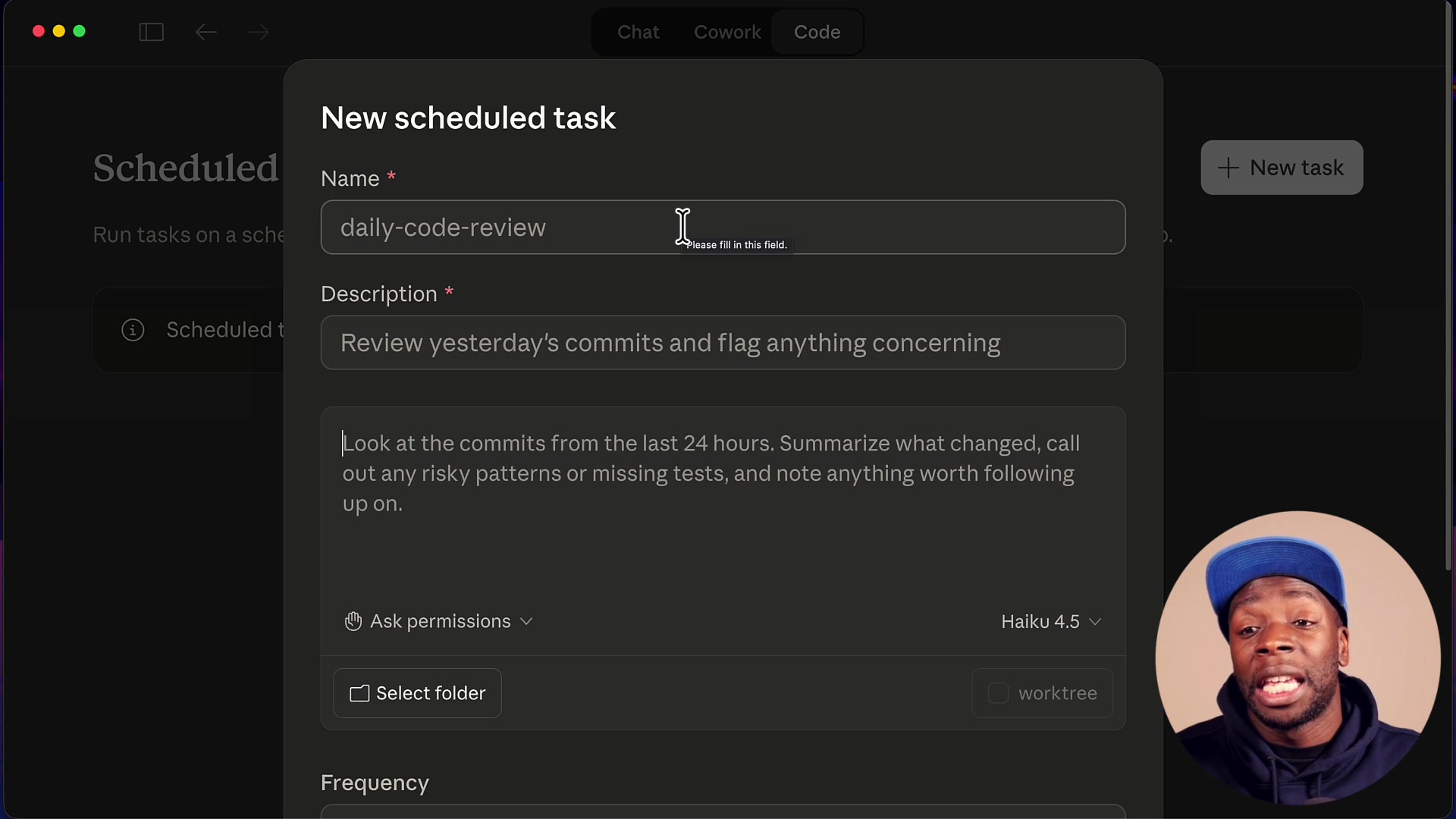 The "New scheduled task" modal showing fields for Name, Description, Prompt, and Frequency