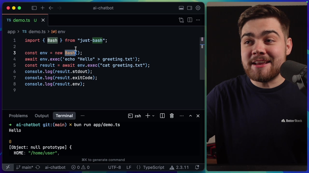 A code editor showing the basic `just-bash` demonstration script, with the corresponding terminal output below