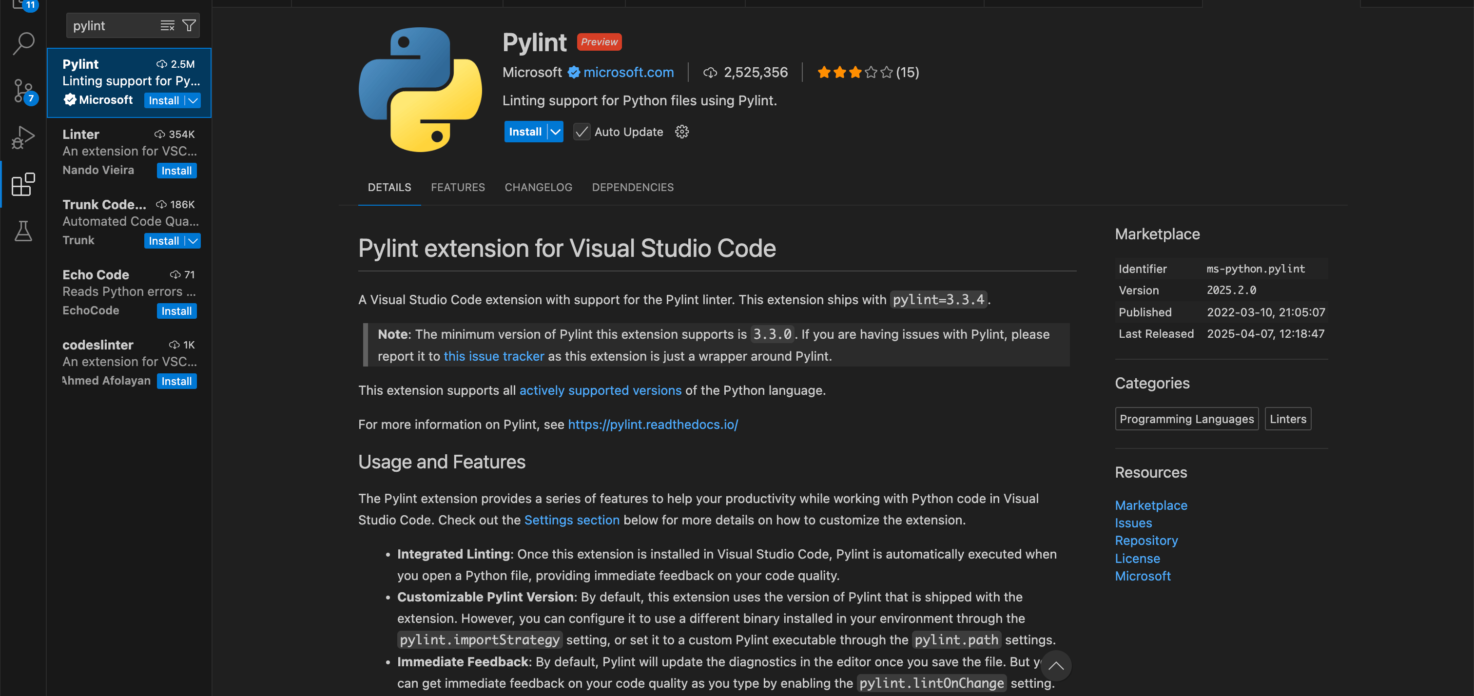 Screenshot of the pylint extension in VSCode