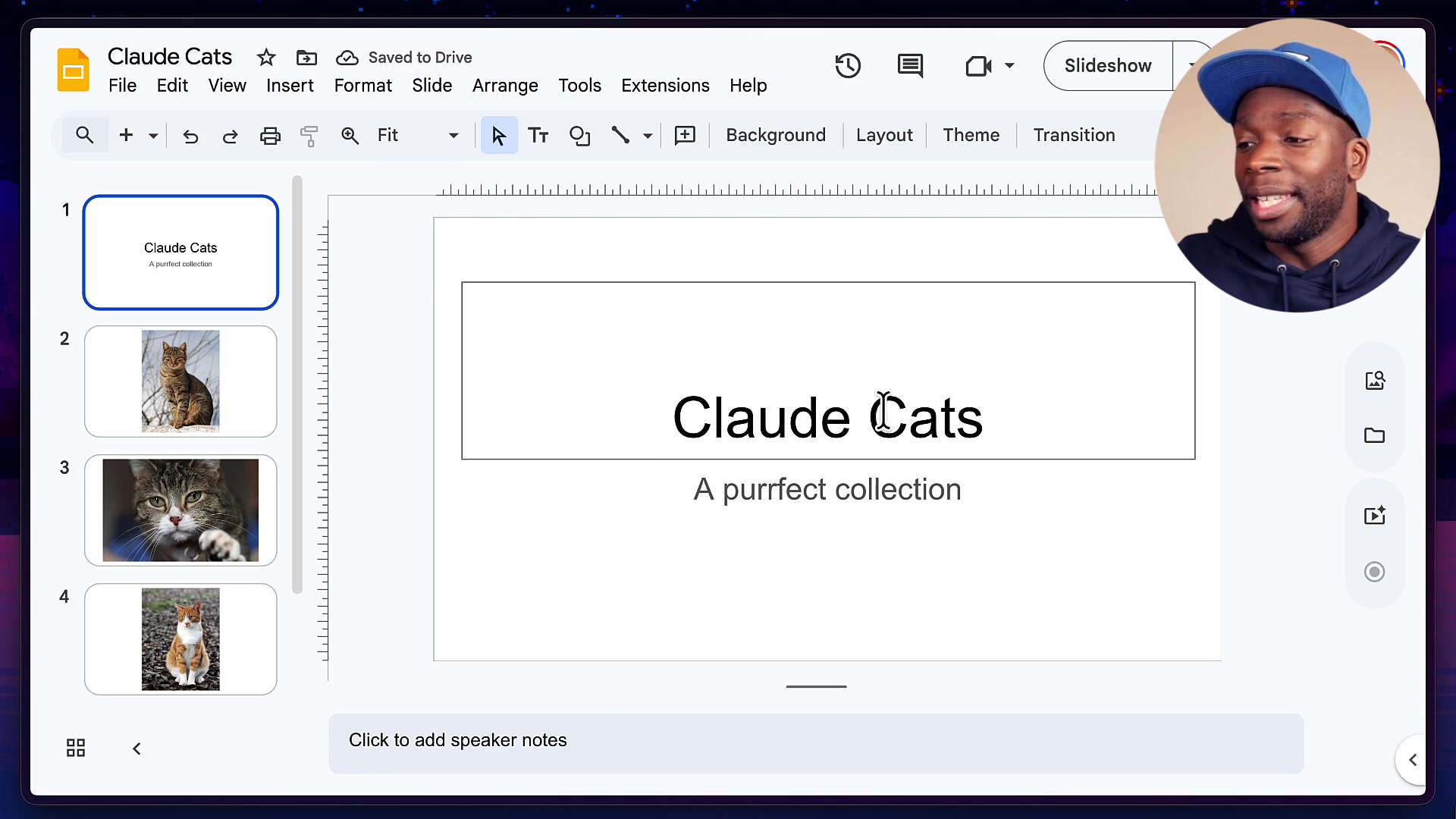 Completed "Claude Cats" presentation in Google Slides showing the title slide and cat image slide thumbnails