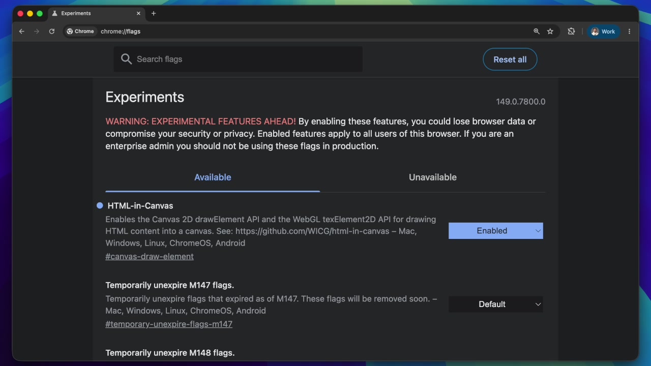 The Chrome Experiments flag page showing the "HTML-in-Canvas" setting enabled
