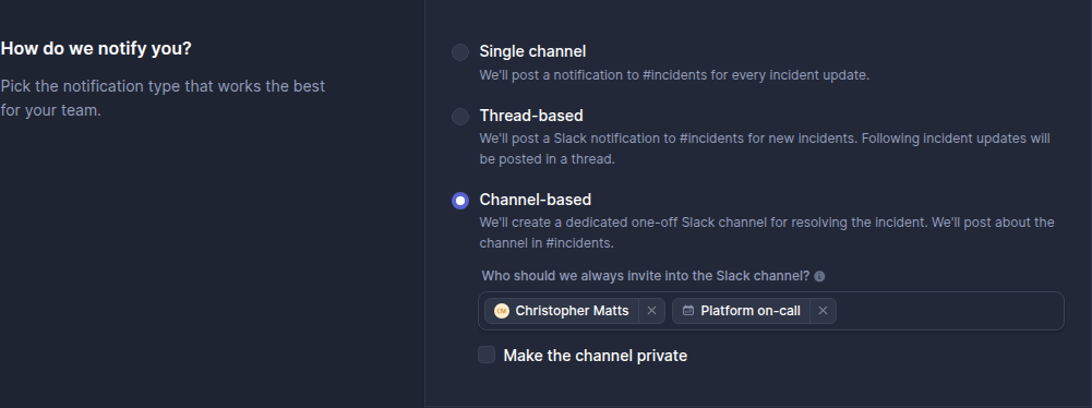 Channel-based selected under How do we notify you?, with a team lead and an on-call schedule always invited