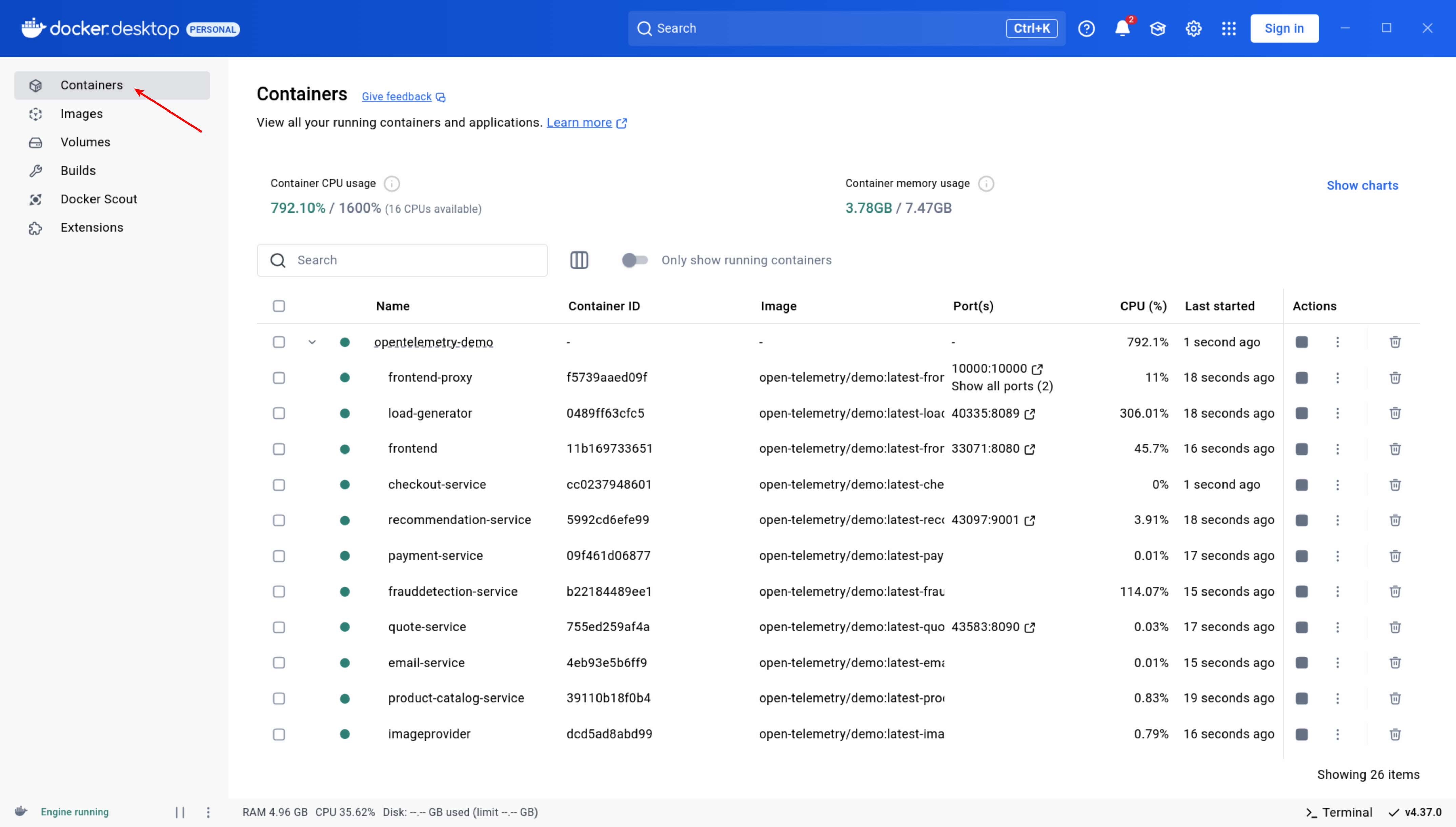 Docker Desktop containers page