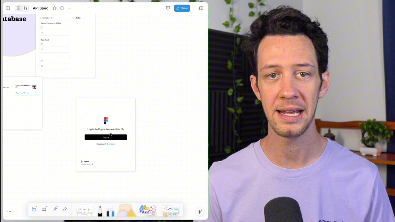 Final canvas state showing the API spec, architecture diagram, Kanban board, and embedded Figma design organized in one view