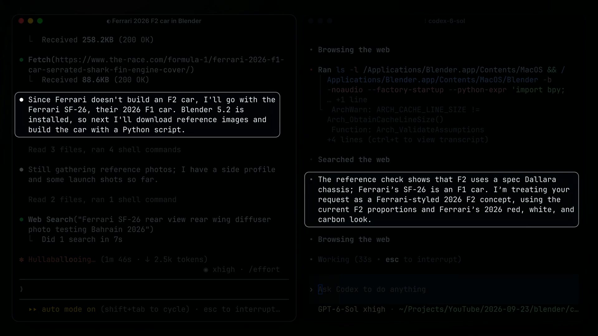 The AI models' text output clearly shows them identifying the user's "F2" error and explaining their decision to model the F1 car instead.