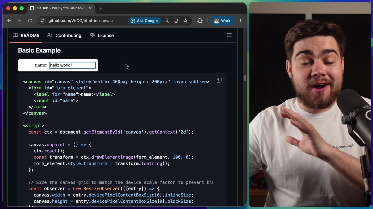 Basic 2D canvas example code from the official GitHub proposal showing its relative simplicity