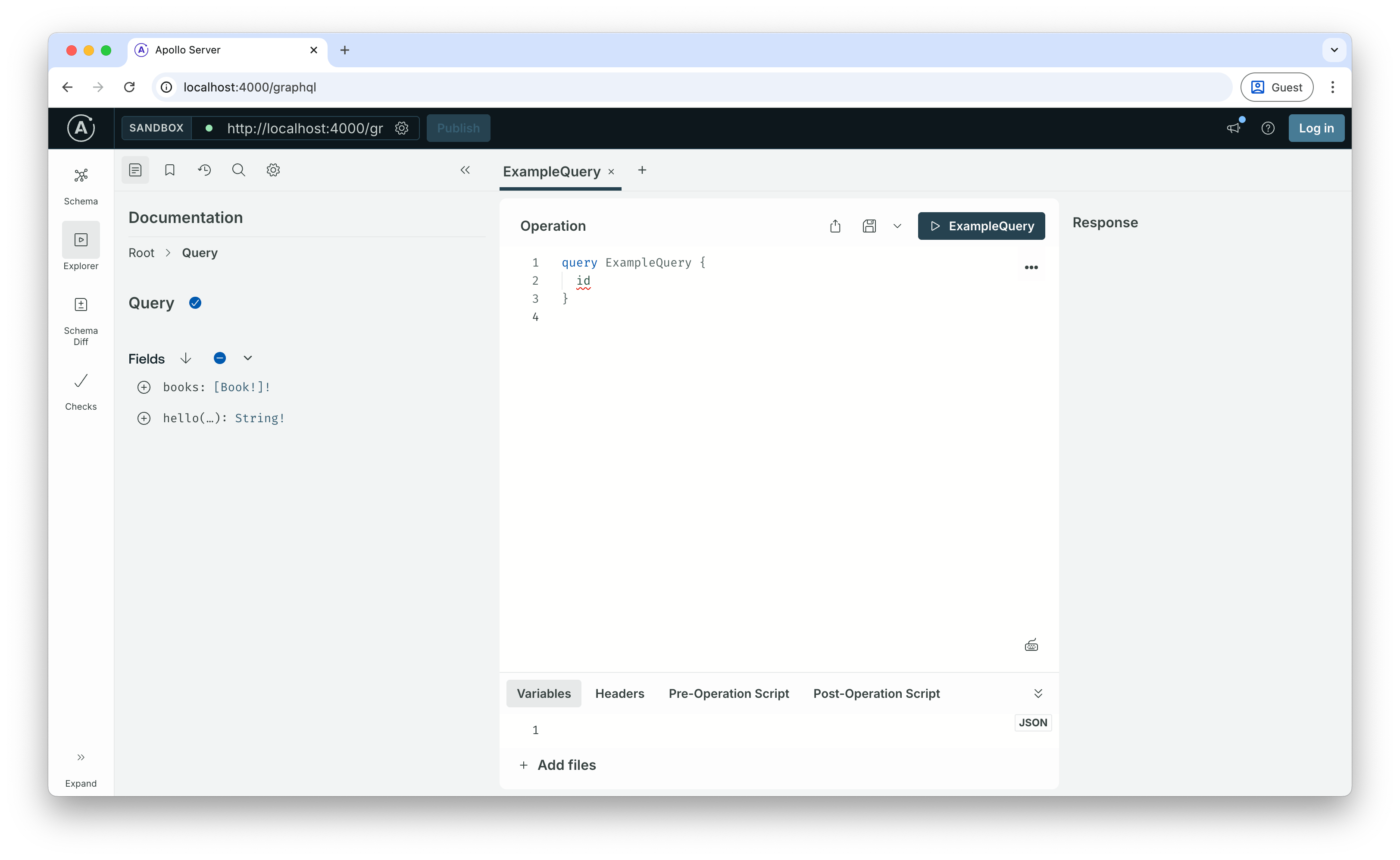 Apollo Studio interface showing the GraphQL playground