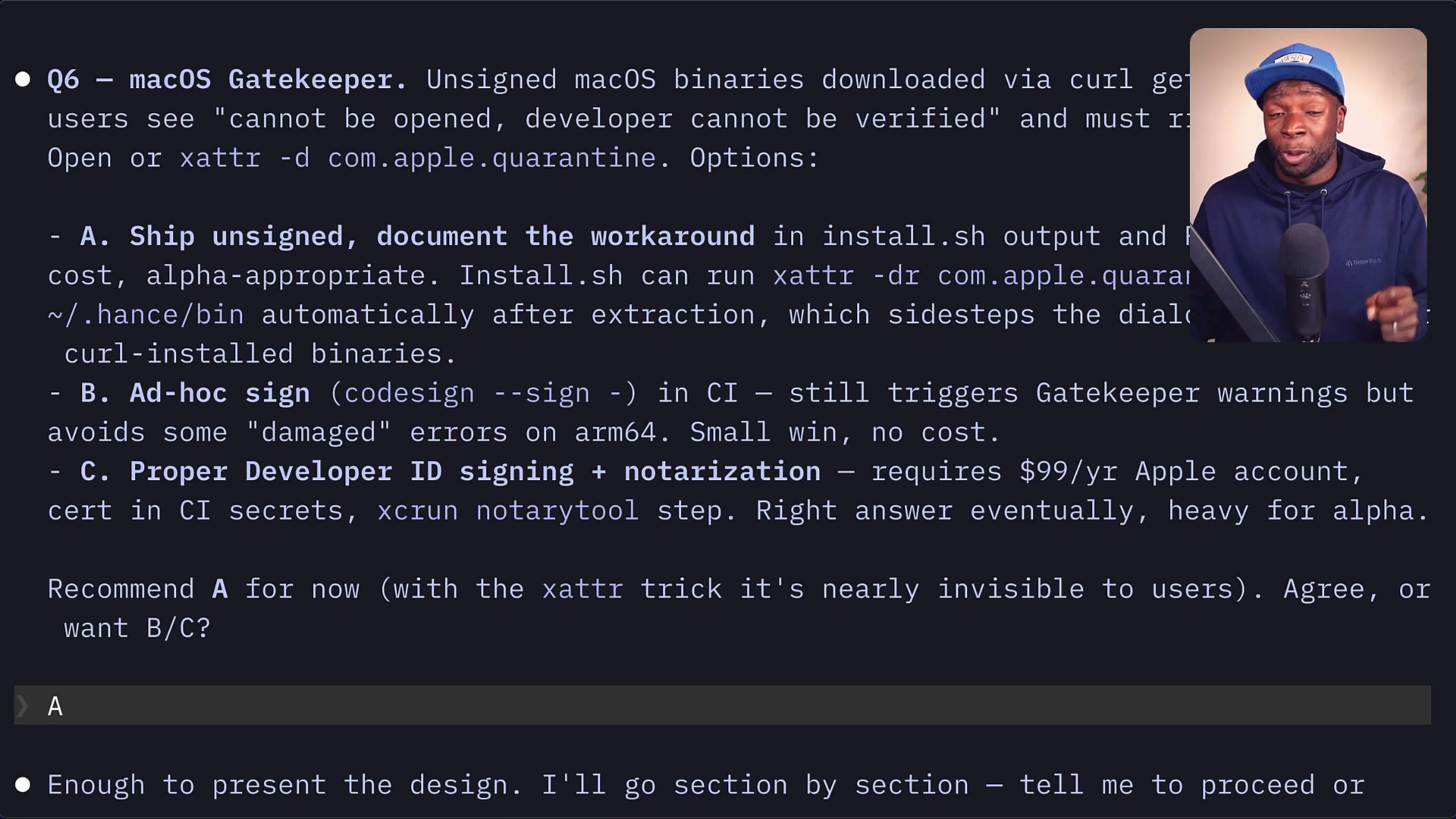 Terminal screenshot showing Superpowers asking "Q6" about macOS Gatekeeper demonstrating its in-depth questioning phase