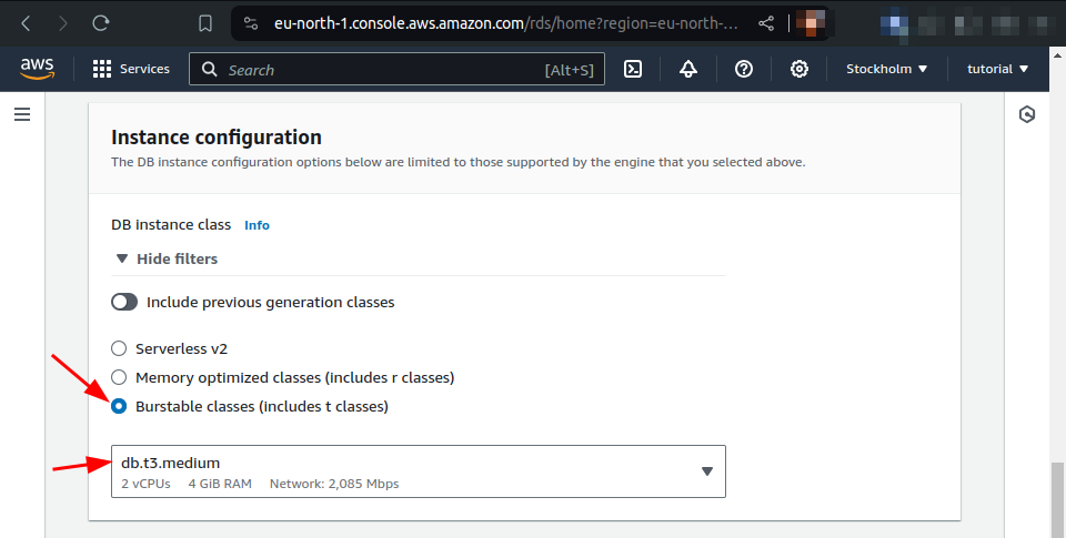 choose database instance class