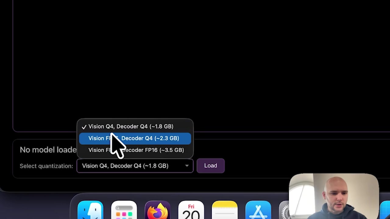 Demo interface showing the quantization selection dropdown with Q4 and FP16 options and their corresponding file sizes