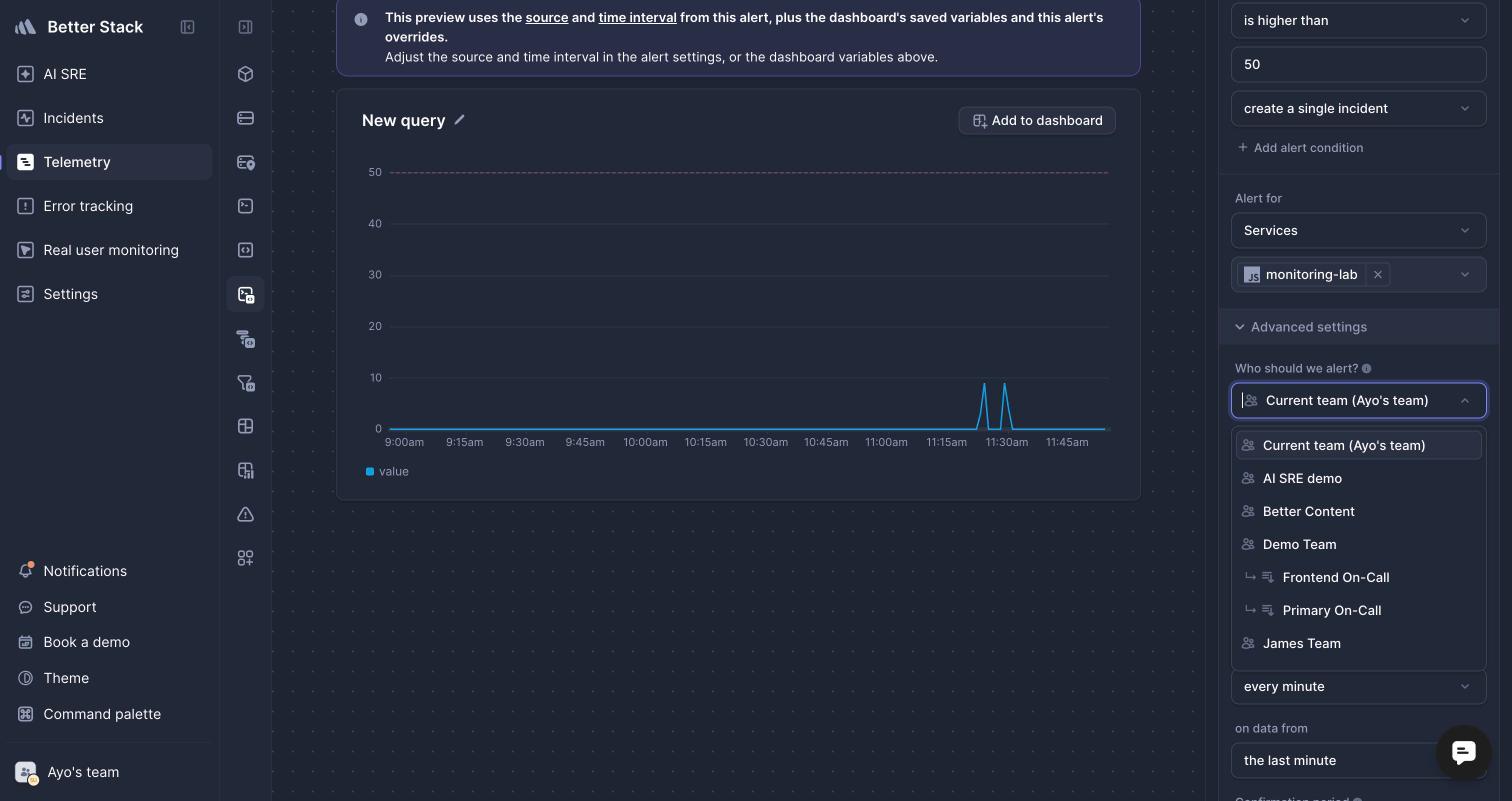 Better Stack alert builder with on-call team routing