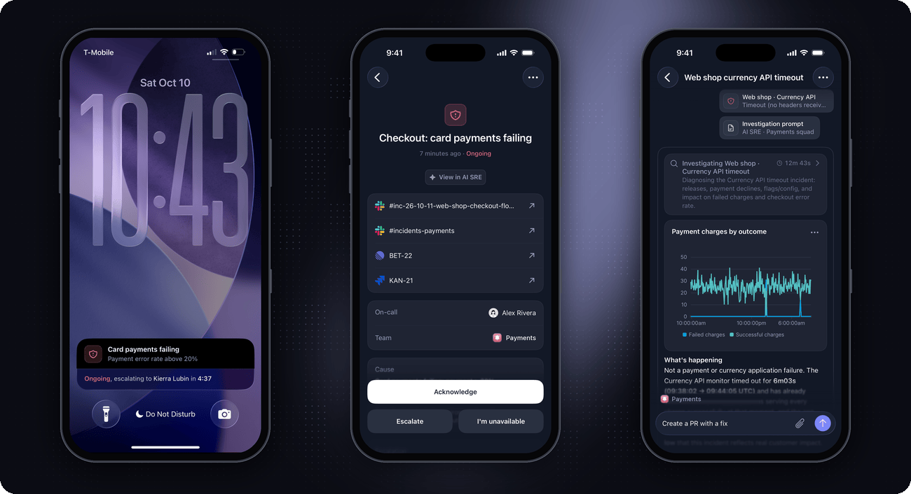 Better Stack iOS app: a Live Activity on the Lock Screen, an ongoing incident page, and an AI SRE investigation with a chart