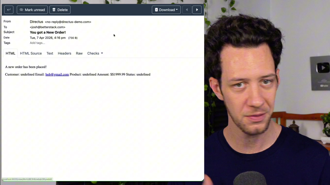 Mailpit inbox showing the "You got a New Order!" email with the body containing dynamic data from the test order