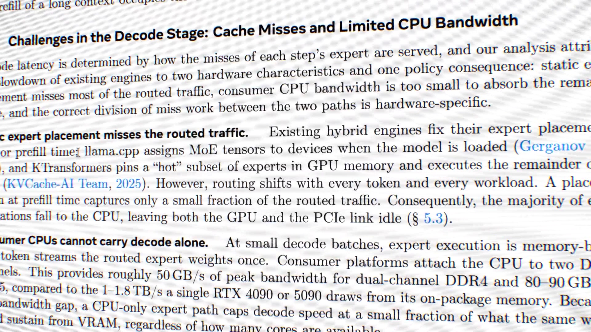A screenshot of the FreeToken research paper highlighting the sentence describing how llama.cpp assigns MoE tensors to devices when the model is loaded.