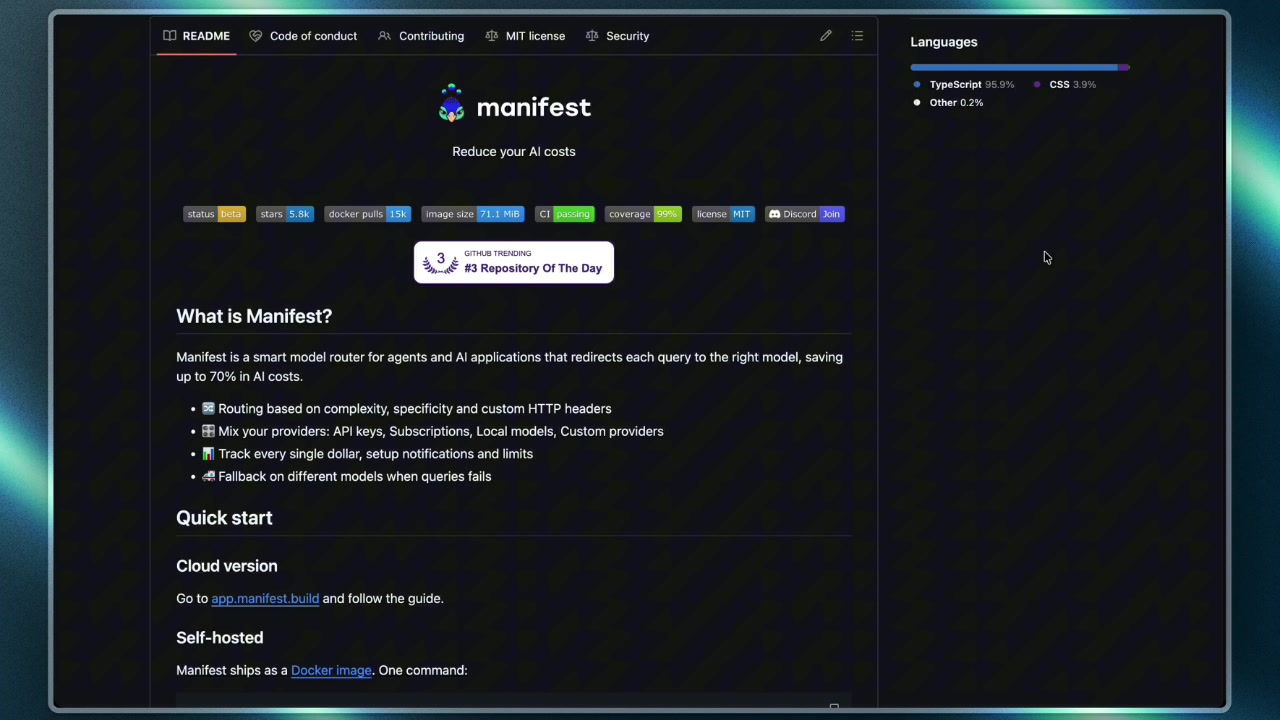 Manifest GitHub page stating "Manifest is a smart model router for agents and AI applications that redirects each query to the right model, saving up to 70% in AI costs"