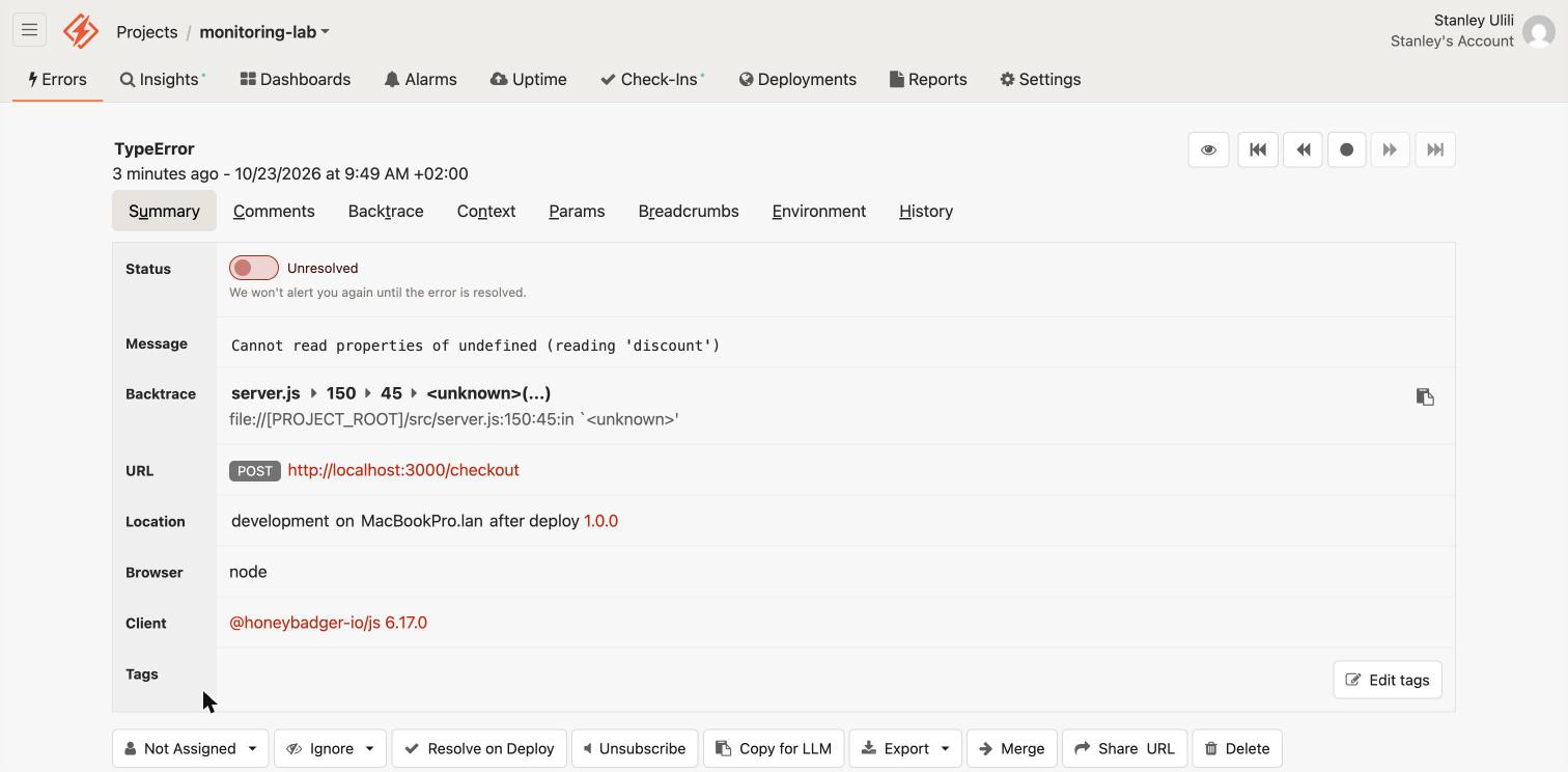 Honeybadger server error summary with the deploy in the location line