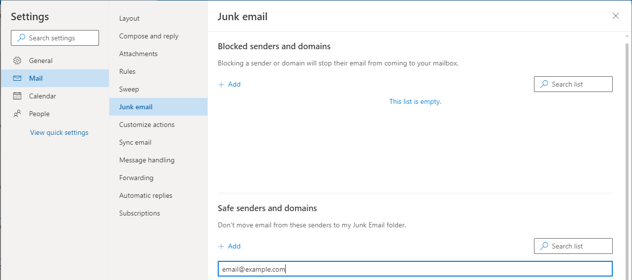 Outlook safe senders