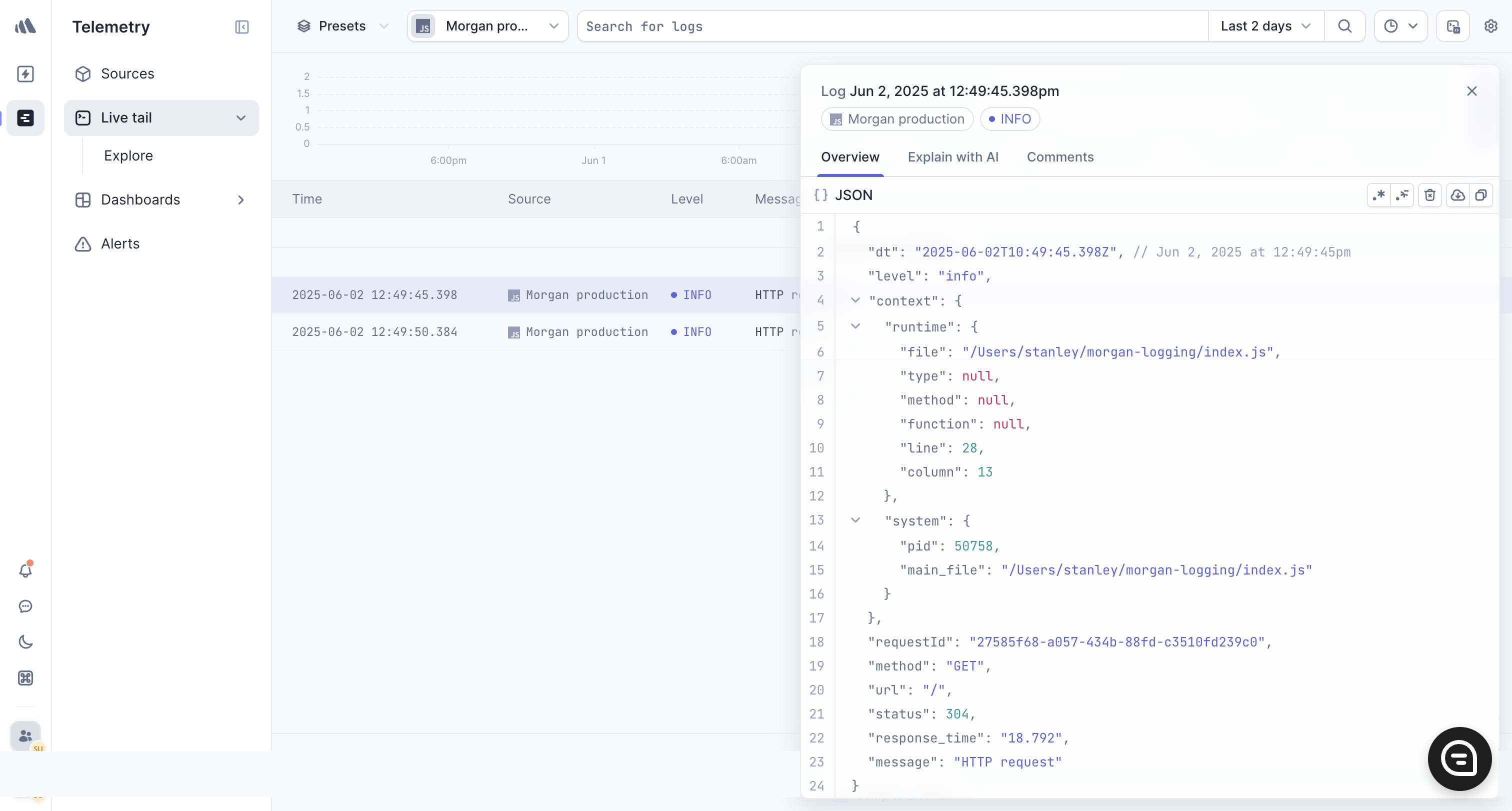 Screenshot of a detailed log entry