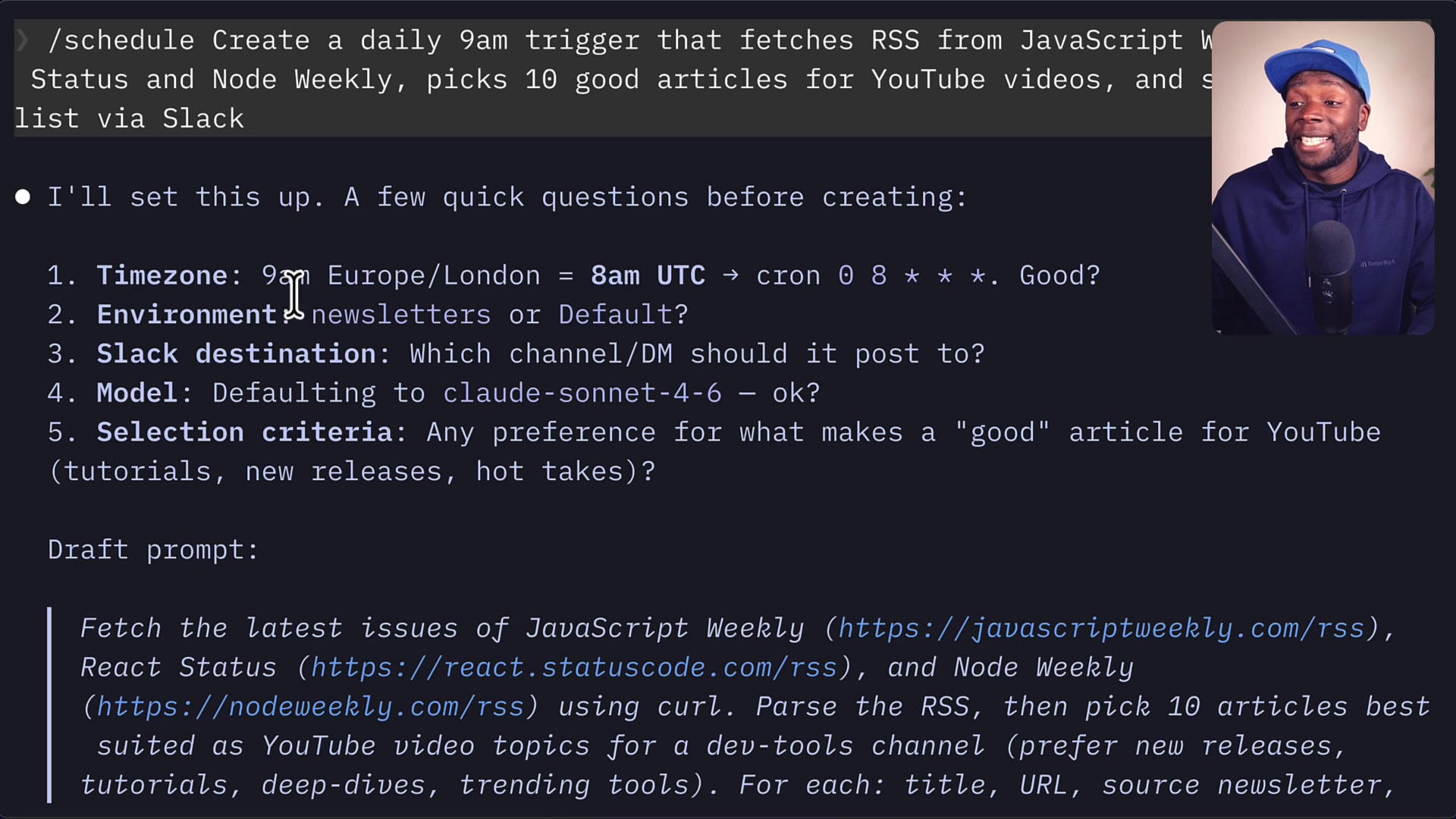 Claude's list of clarifying questions and the draft prompt it constructed based on the initial command