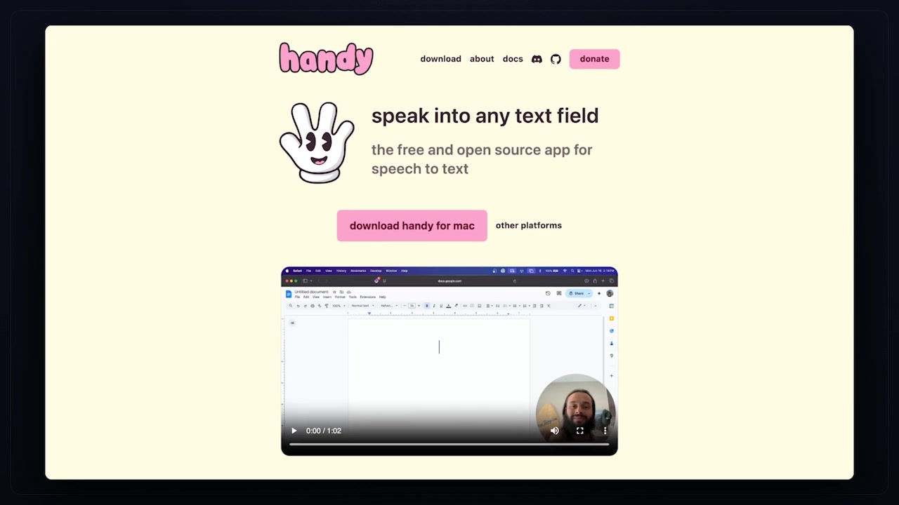 The "Models" tab in the Handy application showcases a list of downloadable transcription models with sliders for accuracy and speed.