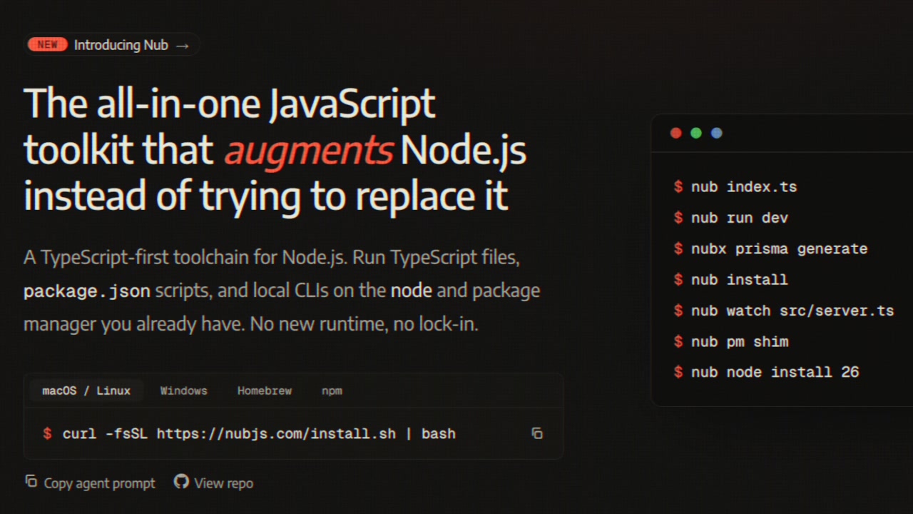 A screenshot of the Nub.js homepage showing the primary installation command.