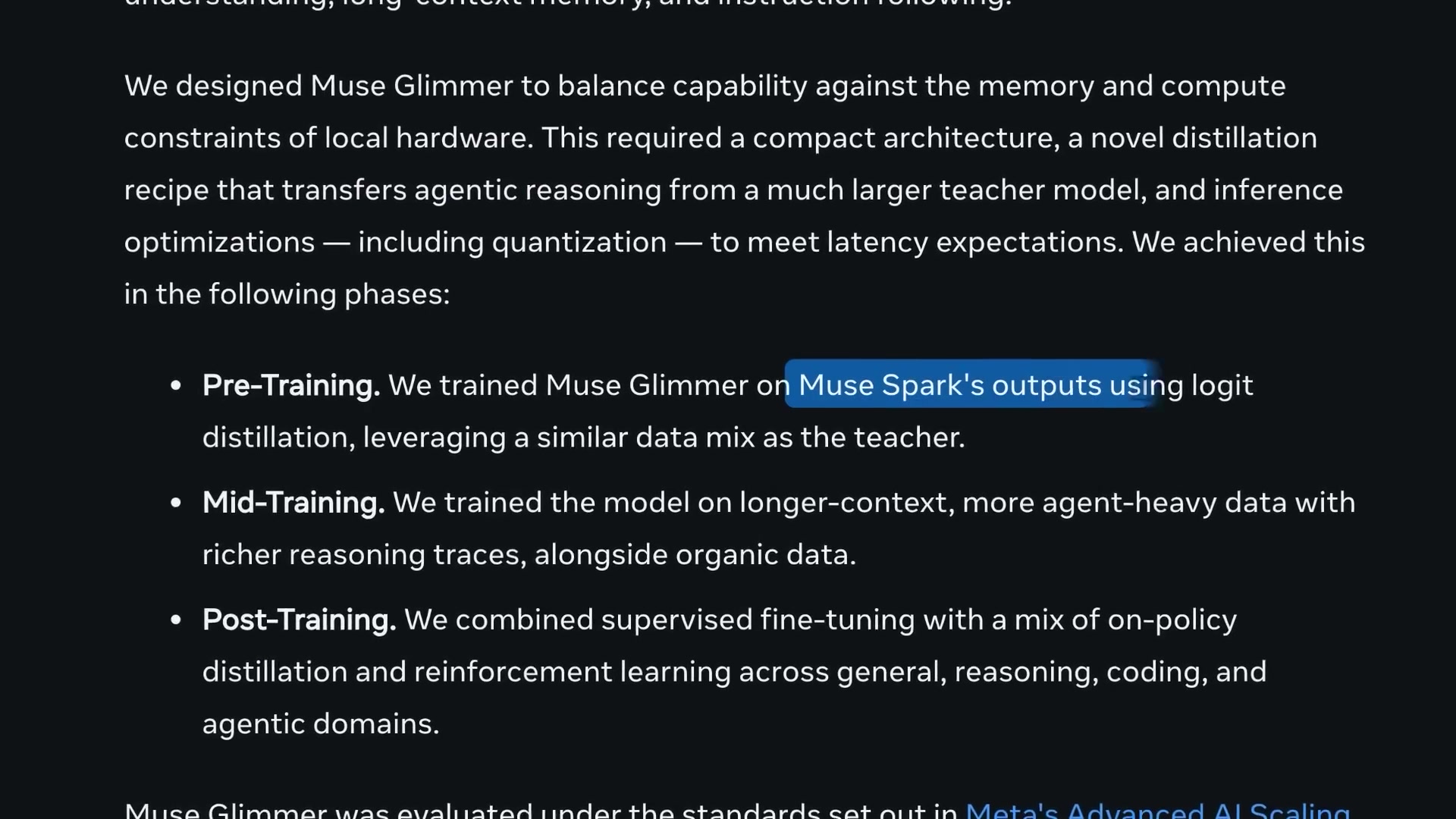 A screenshot of the Meta AI article explaining the training phases of Muse Glimmer, highlighting the use of "logit distillation."